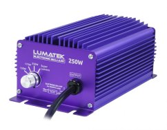 Balasto electrónico de aluminio Lumatek 250W en color púrpura con disipador de calor acanalado, rueda de regulación y cable de salida negro para iluminación de cultivo Balasto electrónico de aluminio Lumatek 250W en color púrpura con disipador de calor acanalado, rueda de regulación y cable de salida negro para iluminación de cultivo