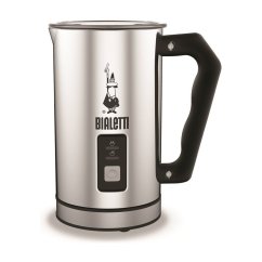 Bialetti elektrischer Milchaufschäumer aus Edelstahl mit silberner Oberfläche, schwarzem ergonomischem Griff und Bedienungstasten an der Vorderseite Bialetti elektrischer Milchaufschäumer aus Edelstahl mit silberner Oberfläche, schwarzem ergonomischem Griff und Bedienungstasten an der Vorderseite
