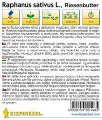 Detailní informace o pěstování ředkvičky obrovské máslové s ikonami podmínek růstu a vícejazyčným návodem na bílém pozadí