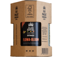 Hnědá kartonová krabice BioBizz JuJu Royal I&I Pack obsahující černou lahvičku s oranžovo-zlatým designem, balení 3x250ml pro pěstování
