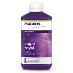 Fialová plastová lahvička Plagron Sugar Royal 500ml s bílým uzávěrem, obsahuje univerzální květový stimulátor pro podporu tvorby chlorofylu