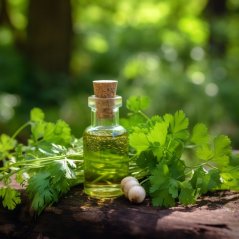 Bottiglietta di vetro con tappo piena di olio essenziale di coriandolo dorato, circondato da fresche foglie verdi su superficie in legno Bottiglietta di vetro con tappo piena di olio essenziale di coriandolo dorato, circondato da fresche foglie verdi su superficie in legno