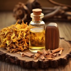 Bottiglia di vetro con tappo in sughero riempita di olio essenziale dorato di Palo Santo, accanto a radici legnose sparse su base in legno Bottiglia di vetro con tappo in sughero riempita di olio essenziale dorato di Palo Santo, accanto a radici legnose sparse su base in legno