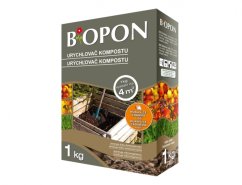Scatola grigia BIOPON acceleratore di compost 1kg con immagini colorate di verdure e compostiera su sfondo bianco