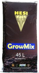 Černý plastový pytel s Hesi GrowMix substrátem o objemu 45 litrů, zlaté logo s rostlinným motivem, modrý nápis GrowMix na tmavém obalu