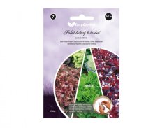 Pachet benzi semănat salată Dubáček, Redin, Verala 3x2m de la EasyGarden cu fotografii a trei tipuri de salată în design circular pe ambalaj mov