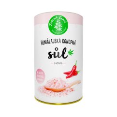 Biała cylindryczna puszka Zelená Země sól konopna z chili 165g, różowa nakrętka, zielone logo, obrazek czerwonych papryczek i różowej soli na łyżeczce