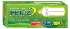 En grön låda Feliz DUAL 200W energisparlampa med en vit lampa på förpackningen, ett rött band med text 2700K/6500K DUAL SPECTRUM för växtodling