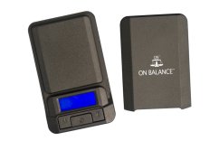 Černá digitální váha On Balance Large Lite Miniscale s modrým LCD displejem a ovládacími tlačítky, kapacita 600g s přesností 0,1g
