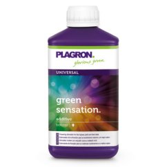 Plagron Green Sensation 500ml - fialová plastová láhev s bílým uzávěrem, barevný gradient na etiketě od zelené po fialovou, univerzální stimulátor