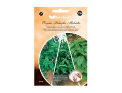 Paquete naranja con discos de siembra de orégano, ajedrea y melisa de Easy Garden, contiene 3 piezas con fotos de hierbas verdes