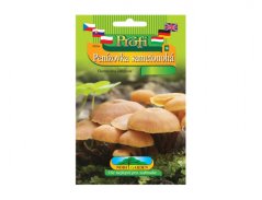 Confezione verde di semi Penízovka sametonová del marchio Profi con immagine di funghi marroni che crescono su tronco, contiene logo e descrizione multilingue