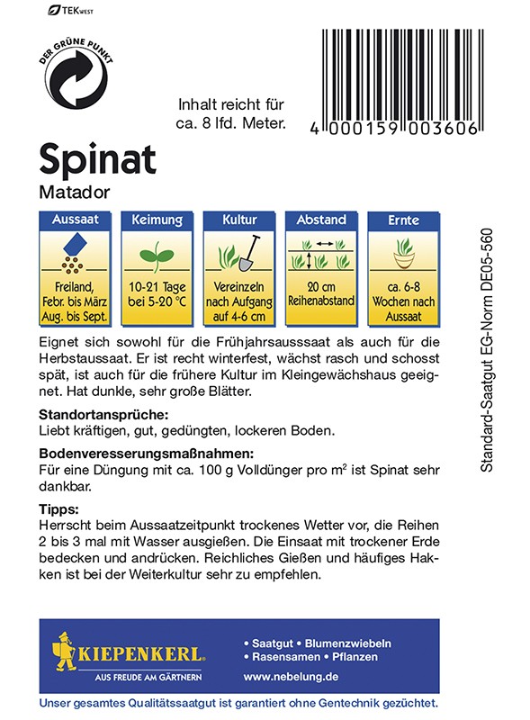 Zadní strana balení semen špenátu Matador s bílým pozadím obsahující detailní pokyny pro pěstování, výsev a péči o rostlinu v němčině