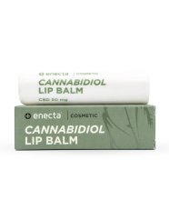 Enecta CBD balzám na rty 50 mg v bílém obalu s béžovým štítkem, vedle zelené papírové krabičky s rostlinným motivem na bílém pozadí Enecta CBD balzám na rty 50 mg v bílém obalu s béžovým štítkem, vedle zelené papírové krabičky s rostlinným motivem na bílém pozadí