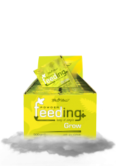 Yellow Green House Powder Feeding Grow 500g packaging with open box and protruding bag, complete fertilizer for plant growth phase Yellow Green House Powder Feeding Grow 500g packaging with open box and protruding bag, complete fertilizer for plant growth phase