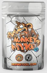 Stříbrný sáček Monkey Myko Pro 100g s oranžovým nápisem a kresbou opice, mykorhizní přípravek pro rostliny na bílém pozadí