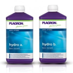 Plagron Hydro A+B dvoudílné hydroponické hnojivo v plastových lahvích o objemu 1 litr s fialovým víčkem, modro-bílým designem obalu