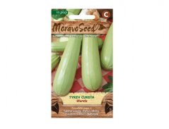 Confezione semi Zucchina WANDA di MaranaSeeds con immagine di tre frutti cilindrici verde chiaro su sfondo giardino colorato Confezione semi Zucchina WANDA di MaranaSeeds con immagine di tre frutti cilindrici verde chiaro su sfondo giardino colorato