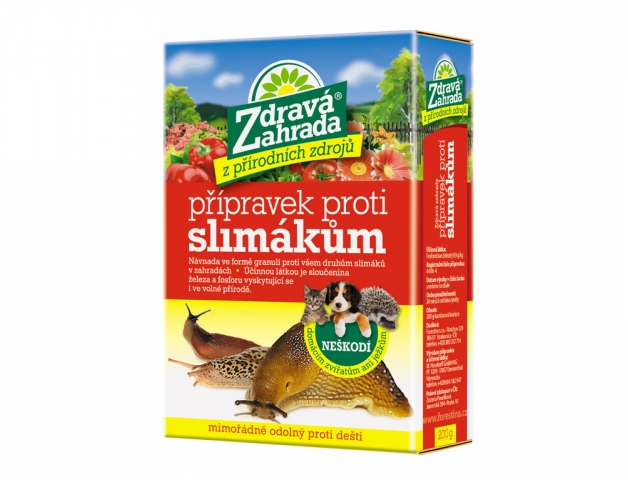 Červená krabička moluskocidu Zdravá zahrada proti slimákům 200g s obrázkem slimáků a zeleniny na barevném obalu s modro-červeným designem