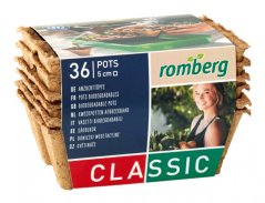 Pakkaus 36 ruskeaa biohajoavaa ruukkua NATUR 5x5cm Romberg Classic -merkiltä, valmistettu kookuksesta ekologiseen kasvattamiseen