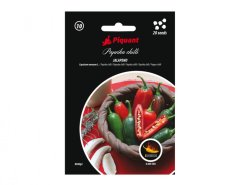 Černé balení semen paprička chilli Jalapeno s červenými a zelenými paprikami v košíku, obsahuje 20 semen s označením 8000 SHU pálivosti
