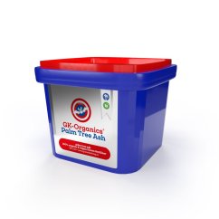 Modrý plastový kontejner s červeným víkem obsahující Guanokalong Palm Tree Ash 3L - organický veganský květový stimulátor z palmového popelu
