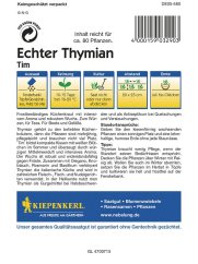 Reverso del paquete de semillas de tomillo con instrucciones detalladas de cultivo, tabla con datos de siembra, temporización y cuidado