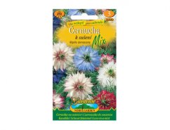 Seed packet Nigella for drying Mix with colorful flowers - white, blue, pink and red nigella flowers on yellow-green packaging Seed packet Nigella for drying Mix with colorful flowers - white, blue, pink and red nigella flowers on yellow-green packaging