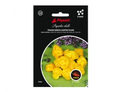 Černé balení semen papričky chilli Trinidad Moruga Scorpion Yellow s obrázkem žlutých svraštělých plodů na zeleném listu, značka Piquant