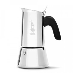 Ruostumaton Bialetti New Venus -mokakeitin kuudelle kupille mustalla ergonomisella kahvalla ja tunnuksellisella Bialetti-miehen viiksilogolla