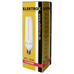 Boîte jaune de lampe CFL ELEKTROX 125W pour floraison avec image d'ampoule blanche, bande rouge et côté noir Boîte jaune de lampe CFL ELEKTROX 125W pour floraison avec image d'ampoule blanche, bande rouge et côté noir