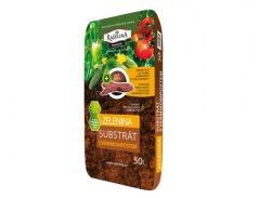 Balení substrátu RAŠELINA PREMIUM pro zeleninu s vermikompostem 50l v zeleno-hnědém obalu s obrázky rajčat, okurek a paprik na přední straně