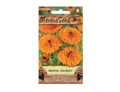 Paquete de semillas de caléndula MoravaSeeds con flores naranjas en envase verde, contiene 65 semillas para cultivar planta medicinal