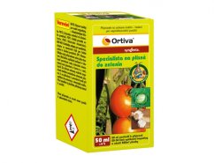 Žlutá krabička fungicidu Ortiva 50ml s červeným logem Syngenta, fotografiemi rajčat a zeleniny, určený na ochranu před houbovými chorobami