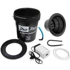 DWC Pot Neptune Hydroponics černý plastový 25L hydroponický systém s kulatým košíkem, gumovými těsněními, bílým vzduchovým čerpadlem a hadičkami