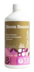 T.A. Bloom Booster 1L - bílá plastová láhev s hnědým a fialovým designem, organický stimulátor květu Terra Aquatica s bílým uzávěrem