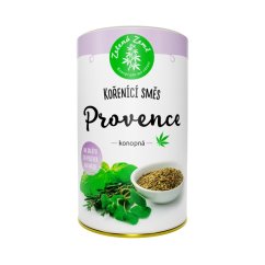 Biała cylindryczna puszka Zelená Země Konopná mieszanka przypraw Prowansja z fioletową pokrywką, zielonym logo i fotografią świeżych ziół