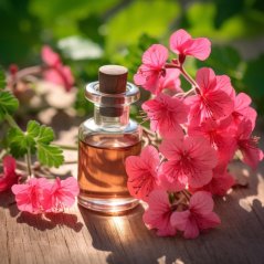 Glazen flesje met kurken stop met BIO-essentiële olie van roze geranium, geplaatst tussen verse roze geraniums