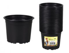 Czarne plastikowe doniczki PREMIUM VCD o lekkiej konstrukcji, średnica 9cm, jedna osobno i stos dwudziestu sztuk z kolorową etykietą na białym tle