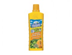 Žlutá plastová láhev Hoštického hnojiva na okurky a cukety s guánem 500ml s oranžovým uzávěrem a barevným etiketem s obrázky okurek