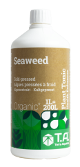 Bílá plastová láhev Terra Aquatica Seaweed 1l s béžovo-zeleným štítkem, organický výtažek z mořských řas pro podporu růstu rostlin