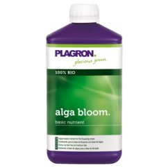 Violetti Plagron Alga Bloom 1L -muovipullo valkoisella korkilla, vihreä gradientti etiketissä, 100% BIO-merkintä, peruskukkalannoite