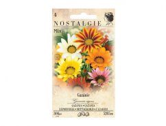 Zaaipakket Gazania Bright mix met afbeelding van gekleurde bloemen in wit, geel, oranje en roze tinten op vintage verpakking van Nostalgie