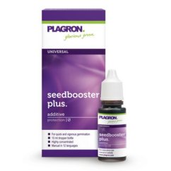 Fialová krabička a malá hnědá lahvička Plagron Seedbooster Plus 10ml se zeleným logem, stimulátor klíčení v kapkové formě na bílém pozadí