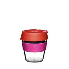 KeepCup Brew Daybreak S 237 ml ecologic cu corp din sticlă transparentă, bandă de plută roz și capac roșu pe fundal alb