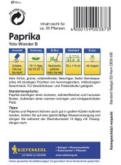 Zadní strana balení semen paprika Yolo Wonder s pěstitelskými pokyny, bílým pozadím a modrou hlavičkou značky Kiepenkerl
