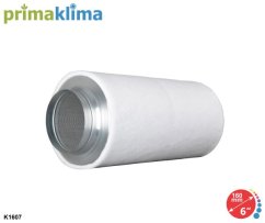 Bílý cylindrický pachový filtr Prima Klima Industry s aktivním uhlím, kovová příruba 160mm, průměr 24cm, délka 50cm pro ventilaci