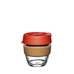 KeepCup Brew Cork Daybreak S 227 ml - umweltfreundlicher Glasbecher mit rotem Deckel und natürlichem Korkring zum bequemen Halten