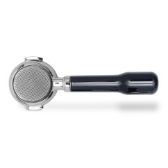 Lelit Portafilter Naked Bottomless 58 mm mit verchromtem Kopf und schwarzem Kunststoffgriff, Seitenansicht auf weißem Hintergrund Lelit Portafilter Naked Bottomless 58 mm mit verchromtem Kopf und schwarzem Kunststoffgriff, Seitenansicht auf weißem Hintergrund
