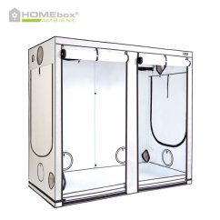 Bílý pěstební stan Homebox Ambient R240+ s rozměry 240x120x220cm, kovová konstrukce s černými tyčemi, odrazová fólie PAR+ a větrací otvory Bílý pěstební stan Homebox Ambient R240+ s rozměry 240x120x220cm, kovová konstrukce s černými tyčemi, odrazová fólie PAR+ a větrací otvory